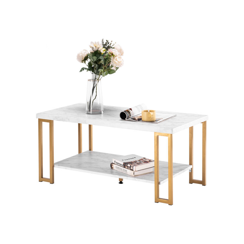Lunsy - Table Basse en Marbre Blanche et Dorée - 106x50x48cm, Pieds Métalliques, Style Élégant et Moderne , pour Salon Balcon Terrasse et la Chambre