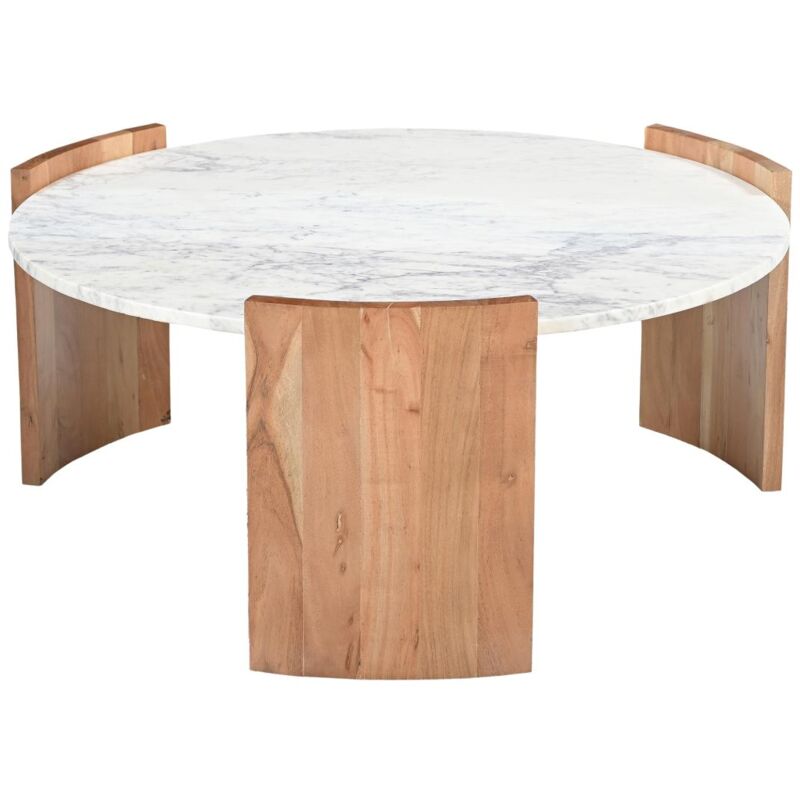 Vente-unique - Table basse en marbre et bois de manguier - Blanc et Naturel clair - kaila