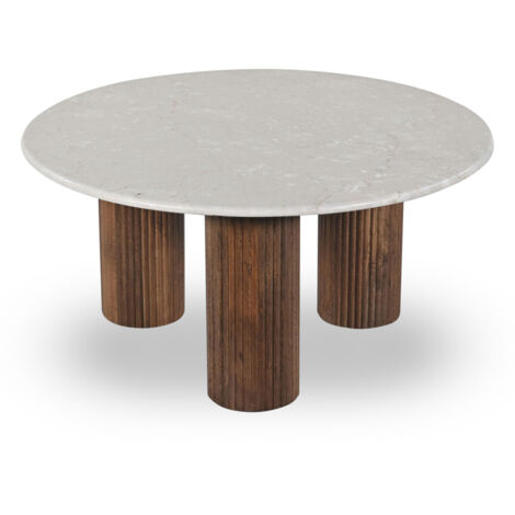 Table basse en marbre et bois massif ø80cm - Blanc ivoire - SULA