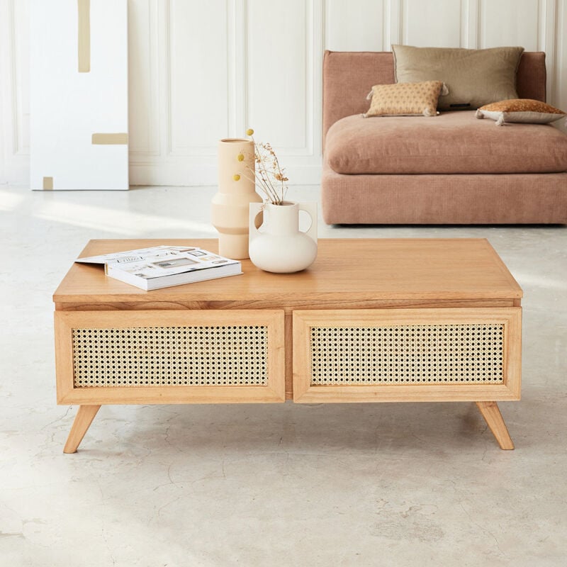 Berah Getah - Table basse en mindi massif et cannage 4 tiroirs 110 cm