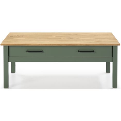 Table basse en pin massif ciré avec rangements coloris naturel/vert foncé - Longueur 100 x Profondeur 55 x Hauteur 40 cm -PEGANE-