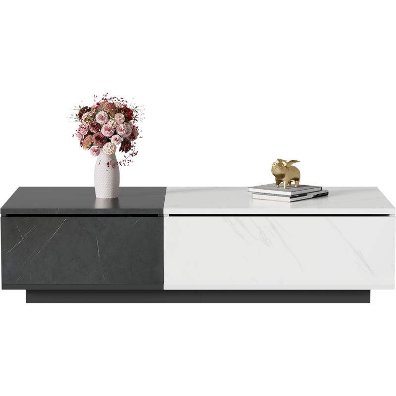 Liberté - Table basse en placage de marbre optique 110x50x28cm, deux portes de placard