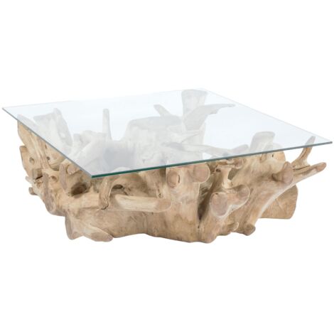 Table basse en racine de teck et plateau en verre