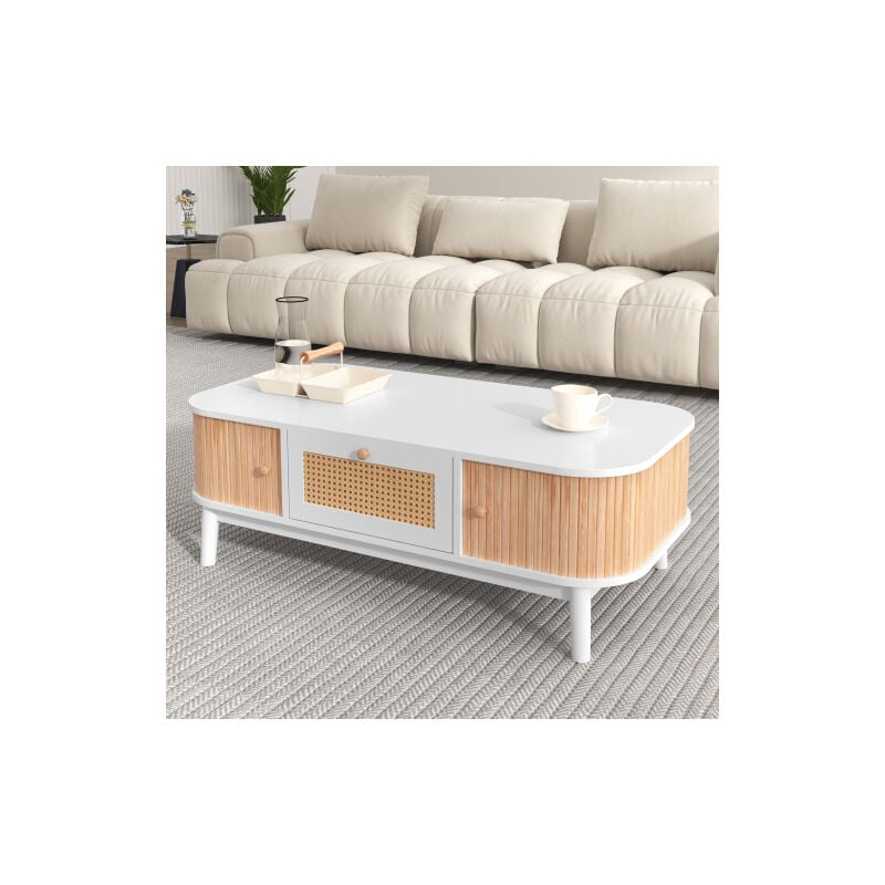 Liberté - Table basse en rotin, Tiroirs avec rotin et portes coulissantes avec lattes en bois massif, Pieds en bois massif, Style campagne - Blanc