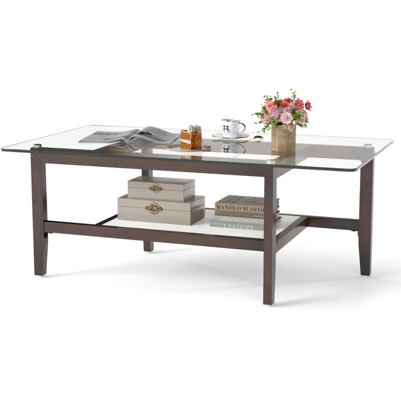 Costway - Table Basse en Verre à 2 Niveaux avec Etagère de Rangement, Table Centrale Rectangulaire de 107 cm avec Pieds en Bois d'Hévéa Massif