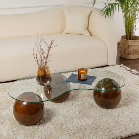 Table basse en verre design – 3 pieds boules marrons KOCHI