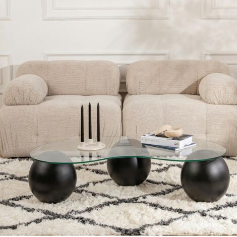 Table basse en verre design – 3 pieds boules noirs KOCHI