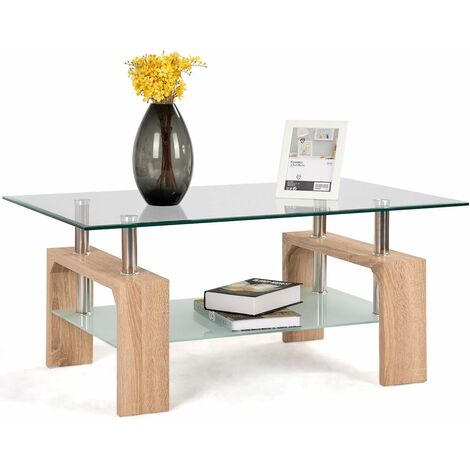 Table basse en verre et bois table de salon table scandinaves 2 couleur 100 60 45cm nature