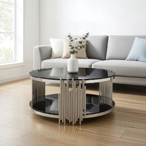Table basse en verre noir 80 cm moderne, table de salon de luxe à double plateau en verre, table ronde en verre avec base en acier argenté, table de centre pour salon/maison/bureau