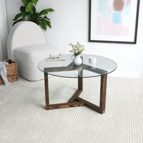 Table basse en verre - pied 3 branches, bois brun ANZIO