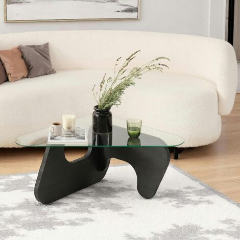 Table basse en verre - pied bois brun, forme triangle ANZIO