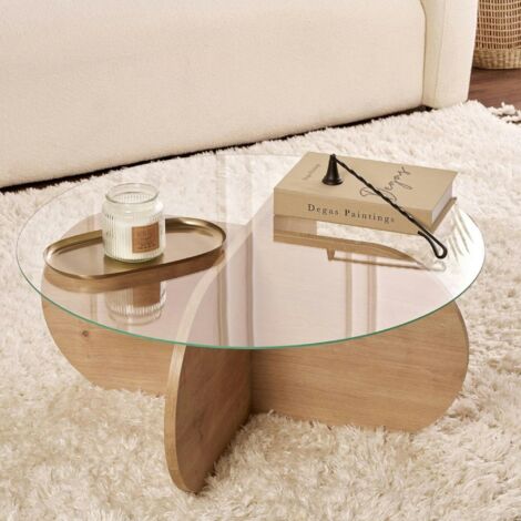Table basse en verre - pied en croix effet chêne clair SALTA