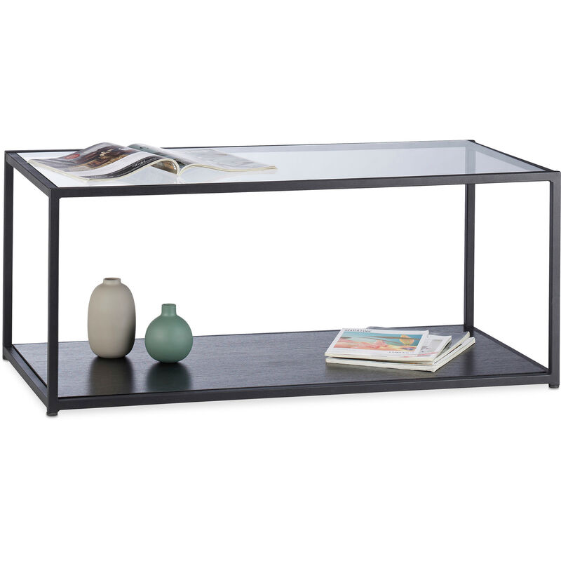 Table basse en verre rectangulaire cadre metal panneau vitre <strong>surface</strong> de salon hlp 42x100x50cm, noir
