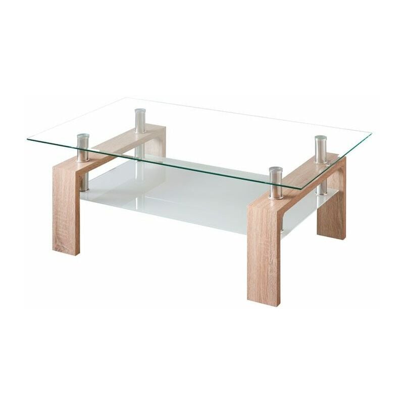 Table basse en verre transparent, pieds en chêne Kendra 100 cm (largeur) x 43 cm (hauteur) x 60 cm (profondeur)