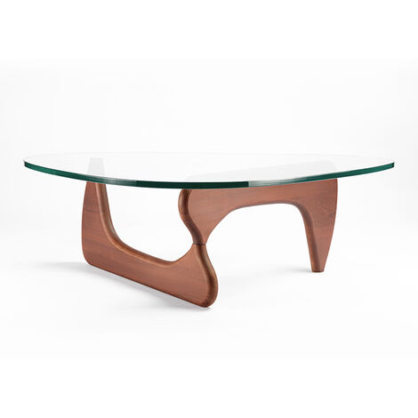 Table Basse en Verre Trempé 19mm Table de Salon Style Noguchi Design en Bois Massif Facile à Assembler - Noyer foncé - Noyer foncé
