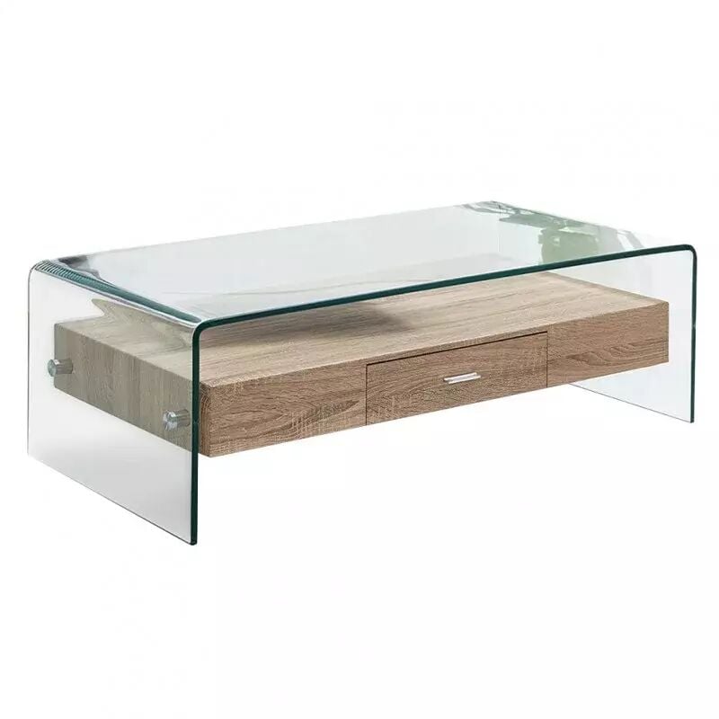 Meubletmoi - Table basse 110 cm en verre trempé avec tiroir décor chêne - ice