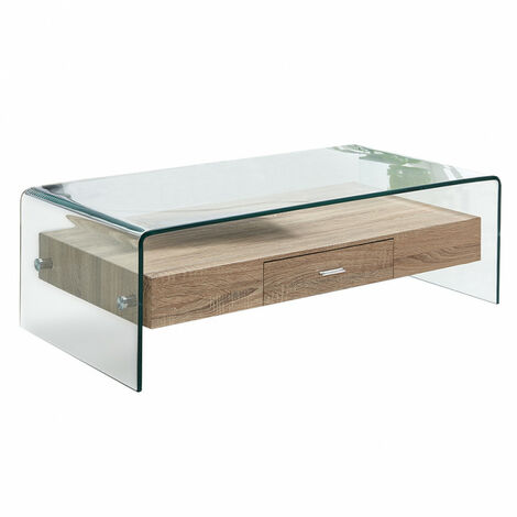 Table basse en verre trempé avec caisson tiroir bois décor chêne - ICE - Transparent