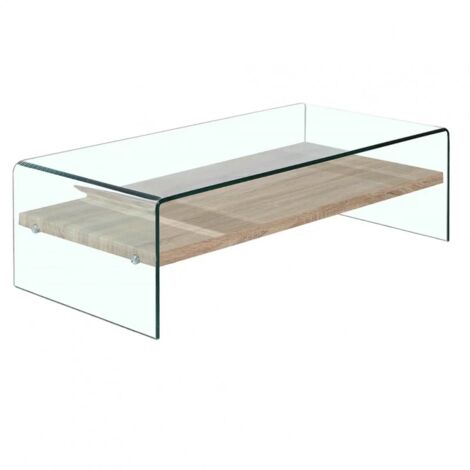 Table basse en verre trempé avec étagère décor chêne - ICE