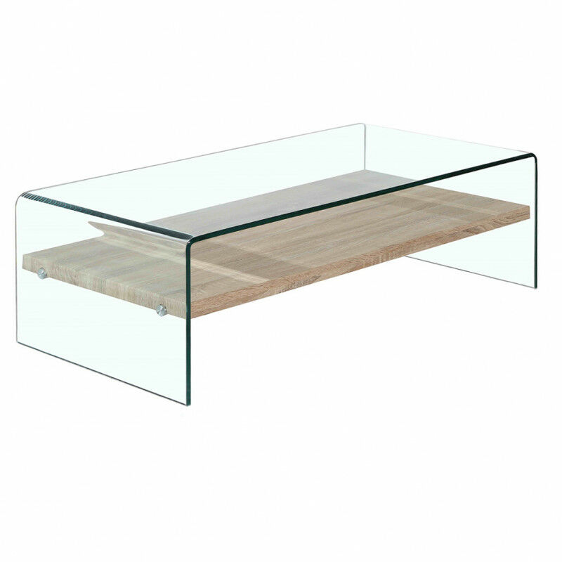 Meubletmoi - Table basse en verre trempé avec étagère en bois décor chêne - ICE - Transparent