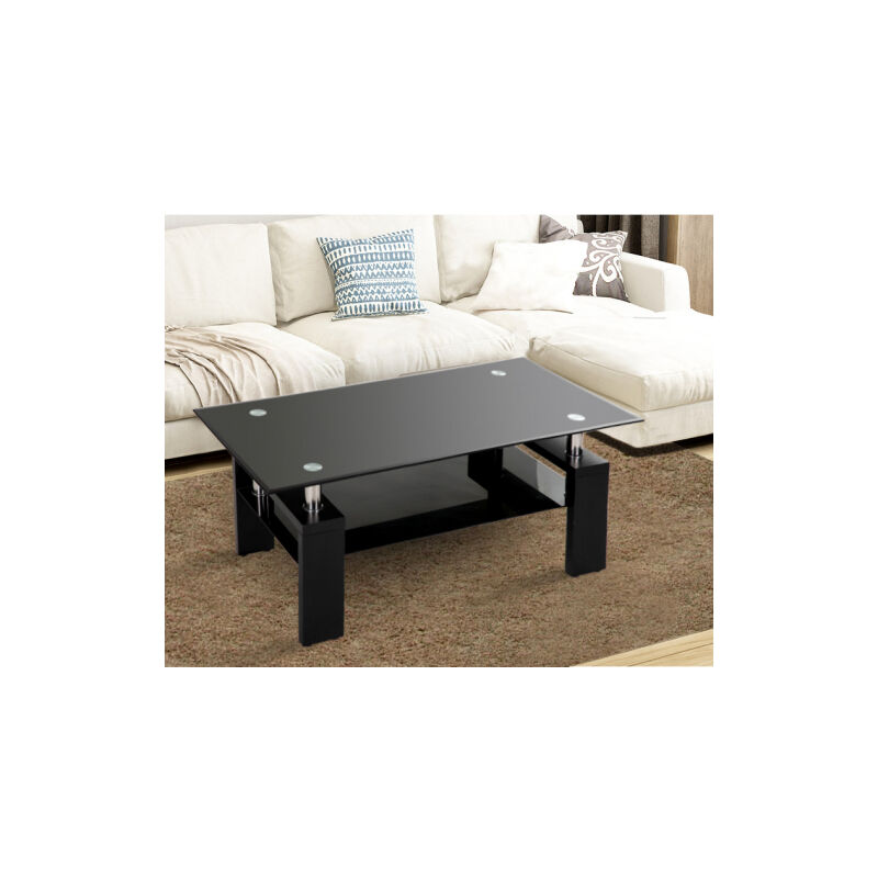 Table basse en verre trempe, table a the rectangulaire moderne noir avec etagere inferieure et pieds en bois 100 x 60 x 45 cm