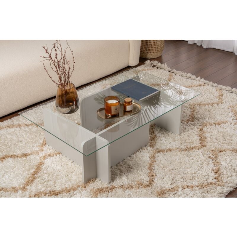 Table Basse Verre Fixe Gigogne Rectangulaire Bois en Gris 105x65x30 cm Pour Salon ou Bureau