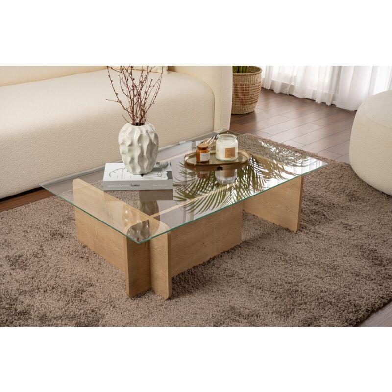 Table Basse Verre Fixe Gigogne Rectangulaire Bois en Chêne 105x65x30 cm Pour Salon ou Bureau
