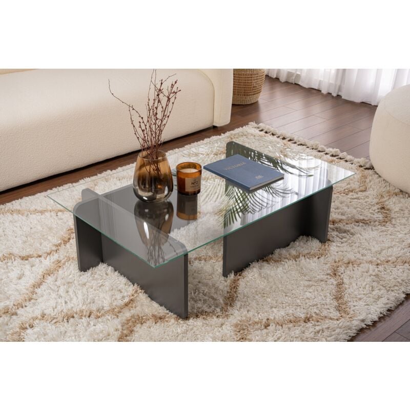 Table Basse Verre Fixe Gigogne Rectangulaire Bois en Anthracite 105x65x30 cm Pour Salon ou Bureau