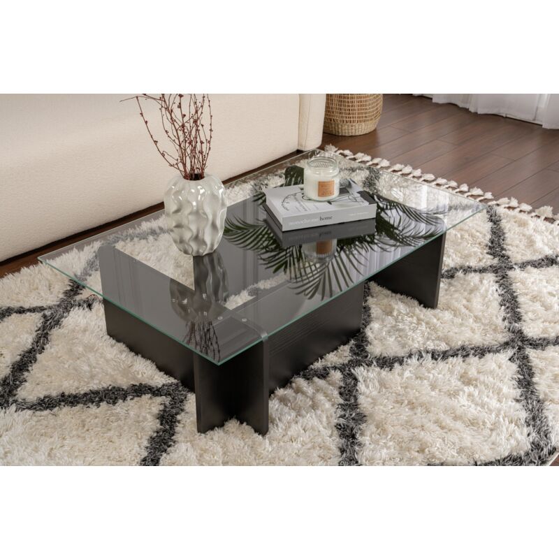 Table Basse Verre Fixe Gigogne Rectangulaire Bois en Noir 105x65x30 cm Pour Salon ou Bureau