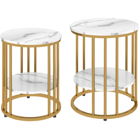 Table basse : ensemble rond de 2 tables d’appoint avec étagère,cadre en acier,table de salon en marbre Table basse pour salon chambre blanche