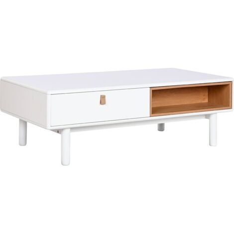 Table basse épurée bicolore pour salon moderne - Blanc avec détail bois naturel
