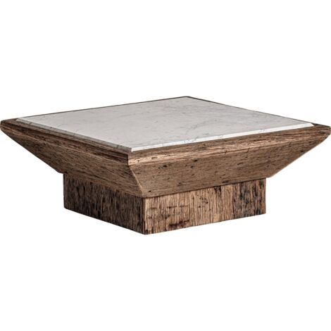 Table basse ethnique en pin et marbre - Naturel blanc vieilli et bois brun