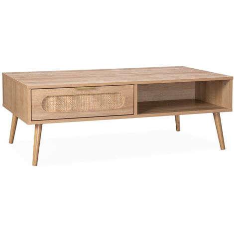Table basse. Eva. scandinave en cannage arrondi et en décor bois. 1 tiroir réversible L110 x l59 x H39cm