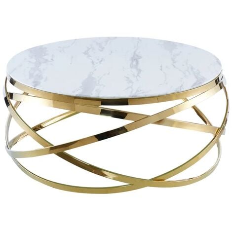 HOMY FRANCE Table Basse EVOL Gold plateau en verre effet Marbre Blanc D 80cm