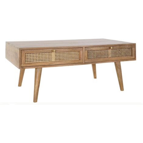 Table basse exotique en rotin avec espace de rangement - Nuance bois naturel et rotin