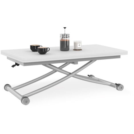 Table basse extensible relevable en table à manger rectangulaire URBANA plateau blanc pied chrome