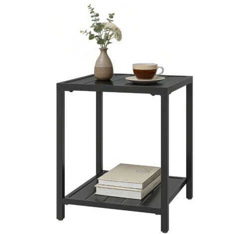 Table basse extérieure 2 niveaux métal, table jardin carrée avec étagère, 45x45x54 cm, noire
