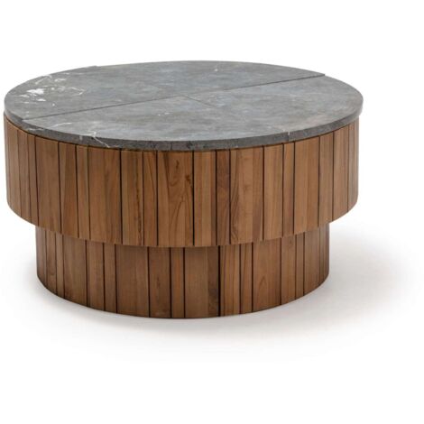 Table basse extérieure 90 x 90 x 45 cm Bois de Teck, Pierre - Brun, Gris