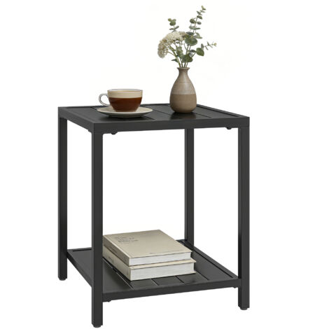 Table basse extérieure à 2 niveaux en métal. table de jardin carrée avec étagère de rangement. 45 x 45 x 54 cm. noir