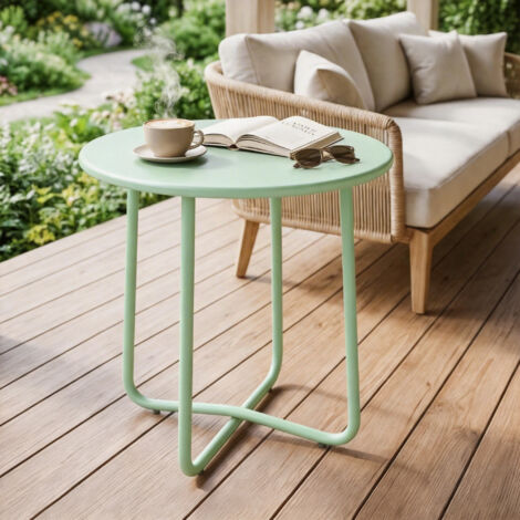 Table Basse Extérieure avec Bord Enroulé. Base en X avec Pieds Réglables en Hauteur. pour Salon Terrasse. Ø48x51cm. Vert