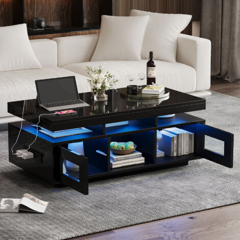 Table basse fixe 100×50×43 cm, avec éclairage LED contrôlable via une application mobile, table de salon avec armoire, prise de chargement et prise USB - Noir