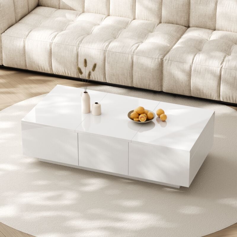 Eifson - Table basse fixe 100x50x31cm, surface brillante, structure de rangement push-pull, tiroirs double face, adaptée au salon - Blanc
