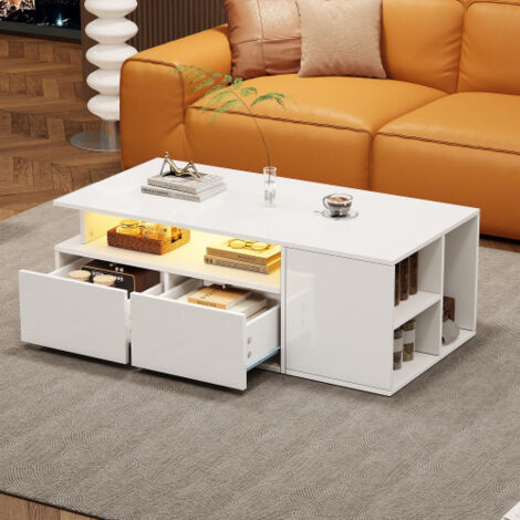 Table basse fixe 100x50x35 cm avec éclairage LED, 2 tiroirs, étagère, blanc