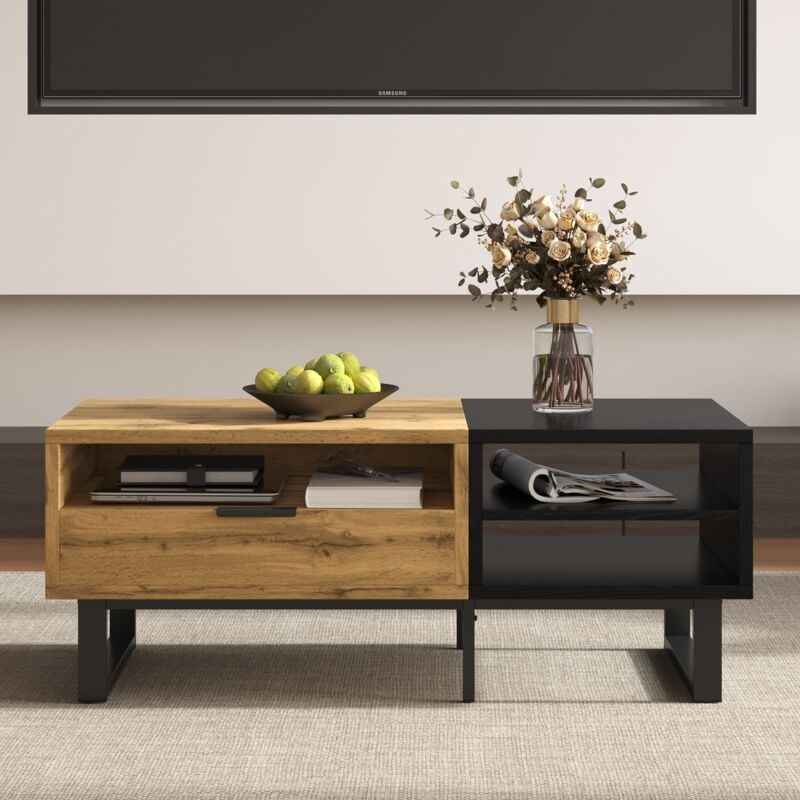 Eifson - Table basse fixe 100x50x40cm - avec tiroirs de rangement, 3 compartiments ouverts, structure color block, pieds en métal, style industriel