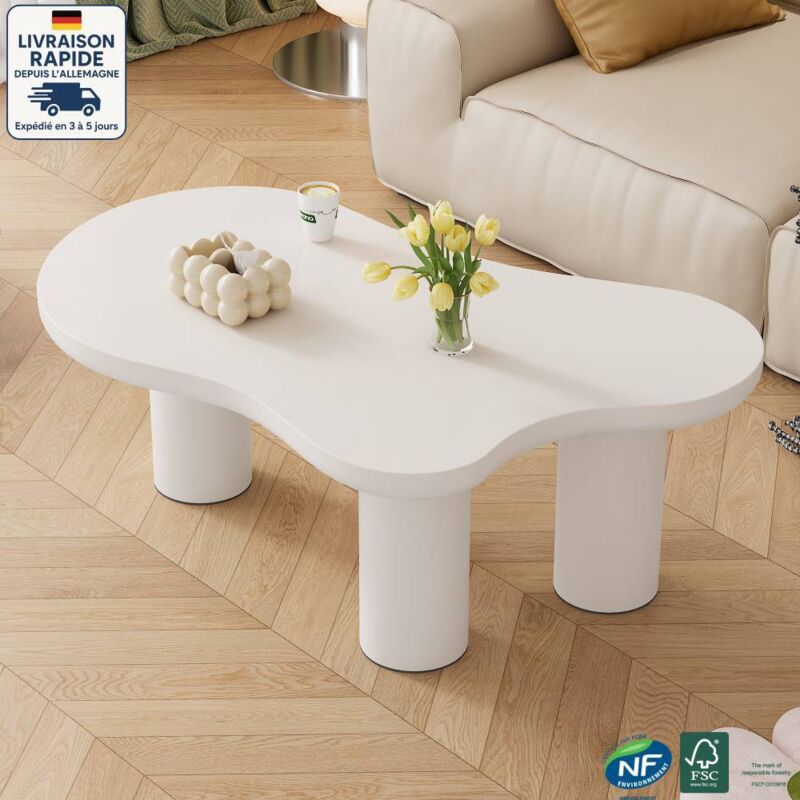 Table basse fixe 107x66x40,5cm, forme irrégulière, MDF+PVC, blanc