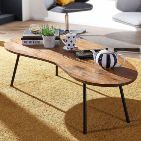 Table basse fixe 122 cm en bois massif de Sheesham et métal – Coloris naturel et noir – Design élégant pour salon moderne
