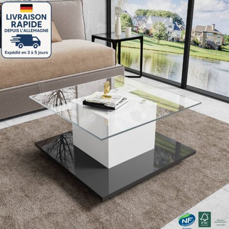 Table basse fixe 80x80x40, plateau en verre, sur roulettes, amovible, aggloméré, noir et blanc
