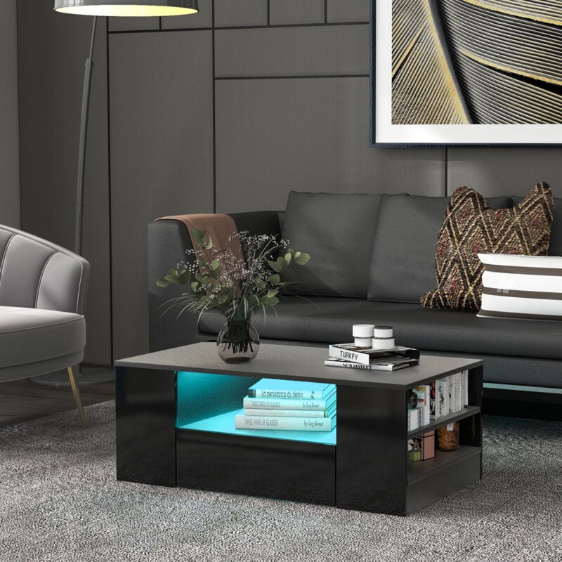 Table basse noire brillance avec led, 2 tiroirs et 2 étagères