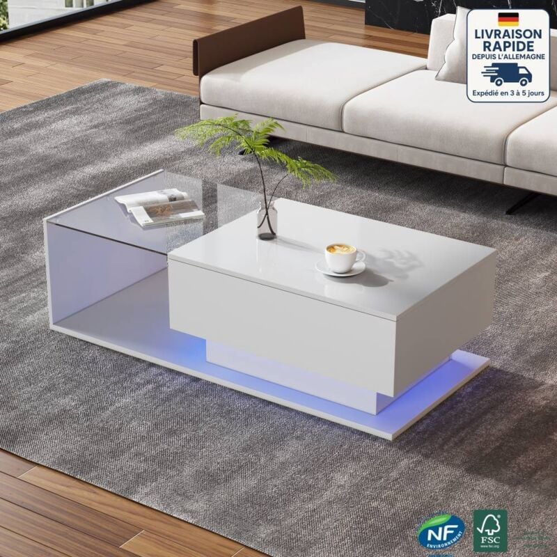 Modfu - Table basse fixe blanche 100x50x32cm avec 1 tiroir, table d'appoint de salon, étagère en verre, led, panneaux de particules