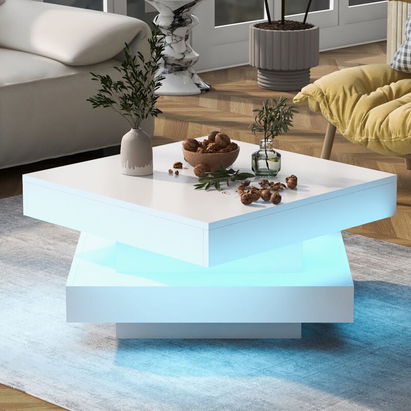 Table basse carrée blanche brillance avec lumière led 16 couleurs, plateau pivotant, 70 x 70 x 36 cm