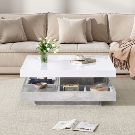 Table basse fixe double fonctionnelle-Plateau laqué tournant 360°-Pivotant avec rangement-Mélaminé couleur marbre-70x70x36(cm)